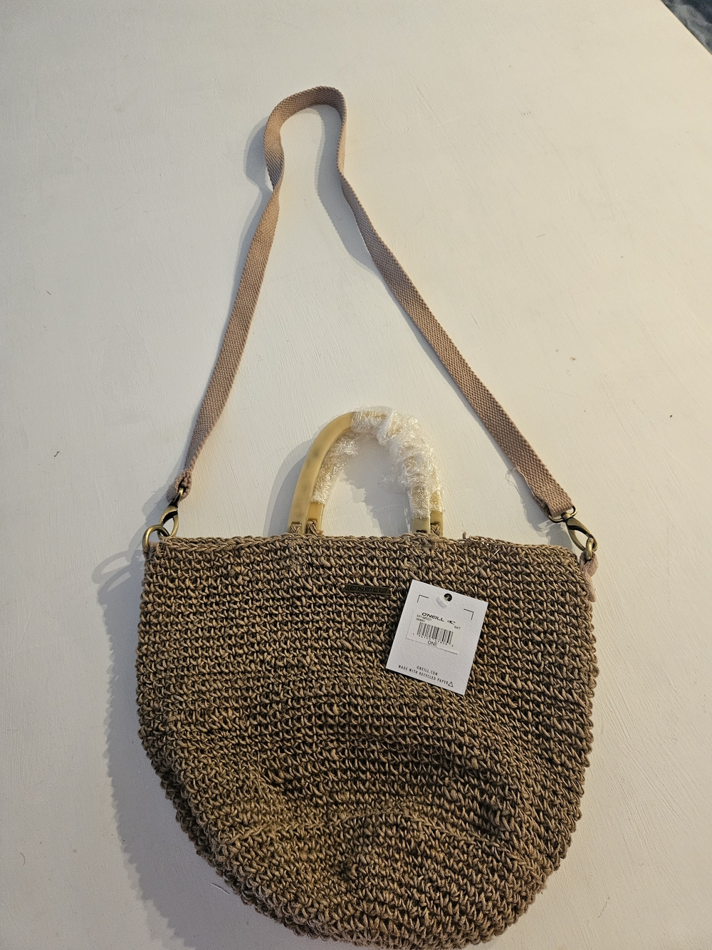 O'Neill Woven Tote with Pink Shoulder Strap and Bamboo Handles